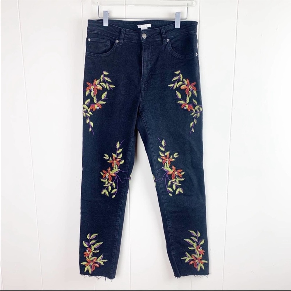H&M Black Floral Embroidered Jeans 8